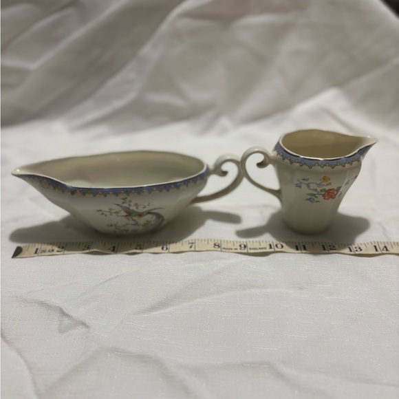 Vintage Floral Cream and Blue Ceramic Gravy Boat and Pitcher Set - Picture 2 of 6